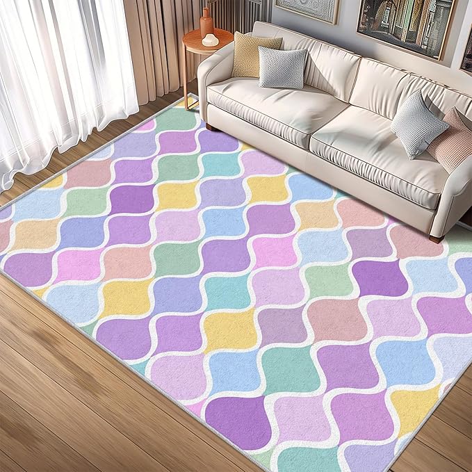 Washable 3x4 Abstract Wave Rug Living Room, Modern Geometric Colorful Design Area Rugs for Bedroom, Abstract Wave Home Decor Carpet, Low Pile, Non Slip, Kids & Pet Friendly (N4161)