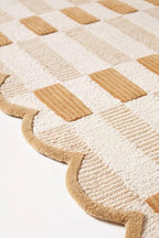 Hand-Tufted Wool Area Rug with Scalloped Edges, Neutral Beige Plaid Pattern, Cozy Soft Accent Rug for Living Room, Bedroom, and Nursery, Handmade Decorative Carpet, 2.5x11 Ft (Runner)