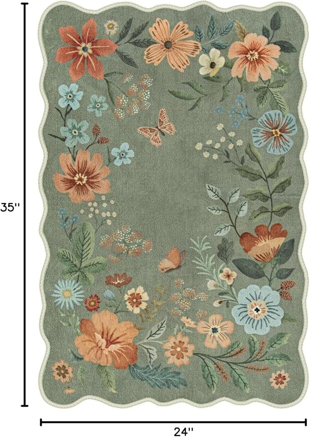 Lahome Floral Rugs for Entryway, 2X3 Washable Kitchen Rugs Ultra-Thin Soft Rug, Non Slip Indoor Door Mat Stain Resistant Boho Small Low-Pile Throw Carpet for Bathroom Bedroom(2x3ft,Green)