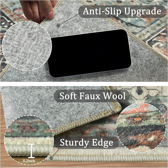 5x7 Machine Washable Area Rug for Living Room, Blue Beige Boho Vintage Floral Rug Large Non-Slip Low Pile Soft Faux Wool Carpet, Kids and Pets Friendly for Bedroom Dining Room Farmhouse Decor Rug