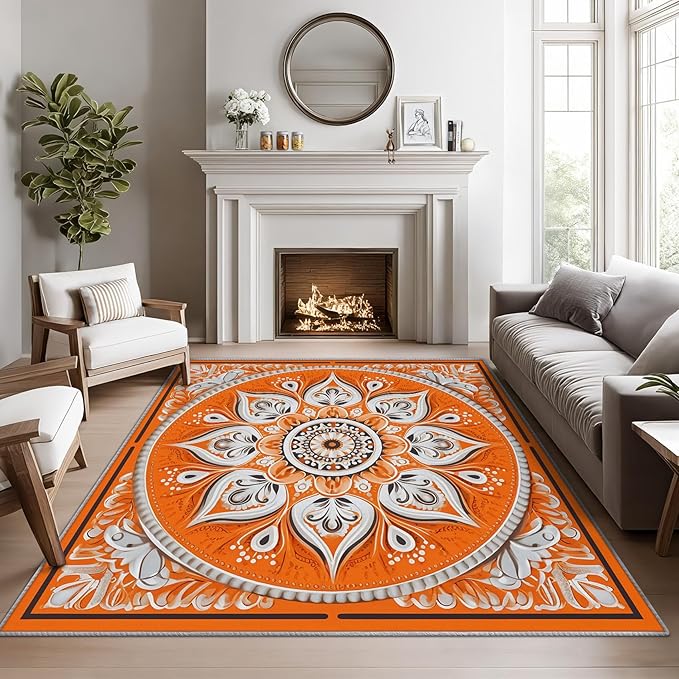 Mandala Rugs 5x7-7x9 ft, Orange Mandala Rug, Vintage Meditation Rugs for Living Room Bedroom, Hippie Spiritual Washable Area Rug Soft Carpet, Boho Vintage Floral Home Decor & Gifts