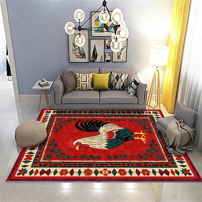 Vintage Rooster Area Rug,5x8ft,Beautiful Floral Border Country Style Rooster Rug，Colorful Retro Home Decoration Rugs，Washable Carpet for Living Room Bedroom Kitchen Farmhouse Office