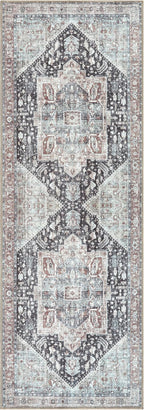 Bloom Rugs Washable Non-Slip 12 ft Runner - Charcoal/Brown Traditional Medallion Runner for Entryway, Hallway, Bathroom, and Kitchen - Exact Size: 2.5' x 12'