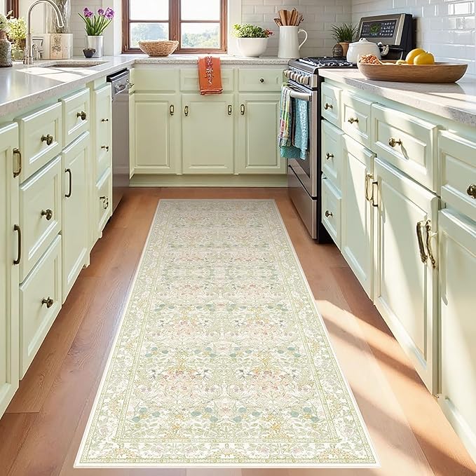 Lunasun Sage Green Long Bedroom Bedside Runner Rugs, 2x6 Non Slip Boho Floral Throw Rug for Kitchen, Hallway, Indoor Entrance, Foyer, Bathroom - Farmhouse Thin Front Door Low Pile Mat