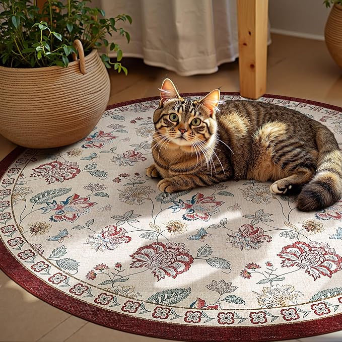 jinchan Elora 5ft Floral Round Rug for Entryway Washable Kitchen Rug Vintage Romance Design Non Slip Indoor Doormat Lightweight Low-Profile Throw Carpet for Living Room Dining Room Bedroom, Red/Beige