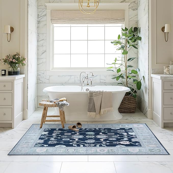 Fame Living Navy Blue Oushak Rug, Modern, Vintage, Turkish, Eclectic, Floral, Pastel, Washable, Area Rugs for Living Room, Dining, Bedroom, Nursery, Girls, Boys, 5'9"x8'9"