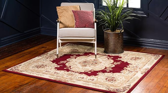 Rugs.com Chateau Collection Rug – 10' Square Red Medium Rug Perfect for Living Rooms, Kitchens, Entryways