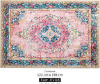 Area Rug 4x6.5 Pink Boho Rug Washable Vintage Rug for Kitchen Living Room Bedroom Bathroom Office Low Pile Non Slip Indoor Floor Carpet
