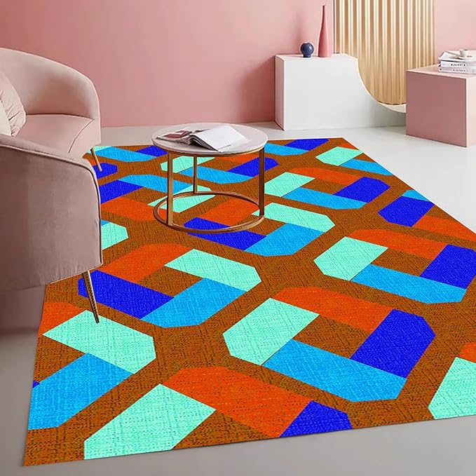 Bright Vibrant Geometric Living Room Area Rug with Burgundy and Blue Colorful Texture Machine Washable Non Slip Soft Carpet for Nursery Room Bedroom Dining Room Home Office Indoor 10x14 Rugs