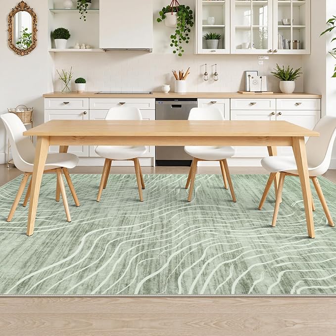 LIVEBOX 8x10 Modern Area Rugs for Living Room, Abstract Non-Slip Washable Rugs, Minimalist Wave Striped Neutral Boys Girl Nursery Area Rug for Bedroom, Carpet for Playroom Office(Sage Green,8'x10')