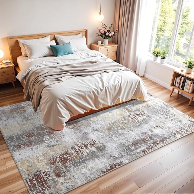 Washable Abstract Rug, 3x5 Modern Area Rugs with Non-Slip Rubber Backed for Bedroom, Thin but Soft Contemporary Carpet Kitchen Living Room Decor, Rusty Brown