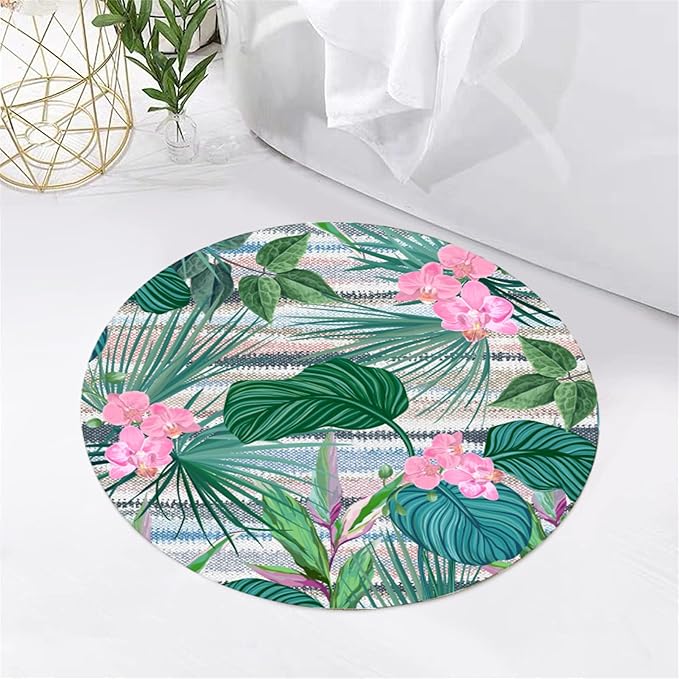 Indoor Outdoor Round Rug 5ft - Blue White Tropical Botanical Pattern, Non-Slip Patio Carpet, Easy-Clean Non-Shedding Rug for Living Room, Kitchen, Garden, Indoor Shower Mat