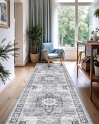 LUMI Runner Rug 3x10, Washable Non-Slip Hallway Throw Rugs, Long Soft Thin Vintage Oriental Kitchen Mats, Low-Pile Indoor Kitchen Entryway Area Rug, Dusty Blue