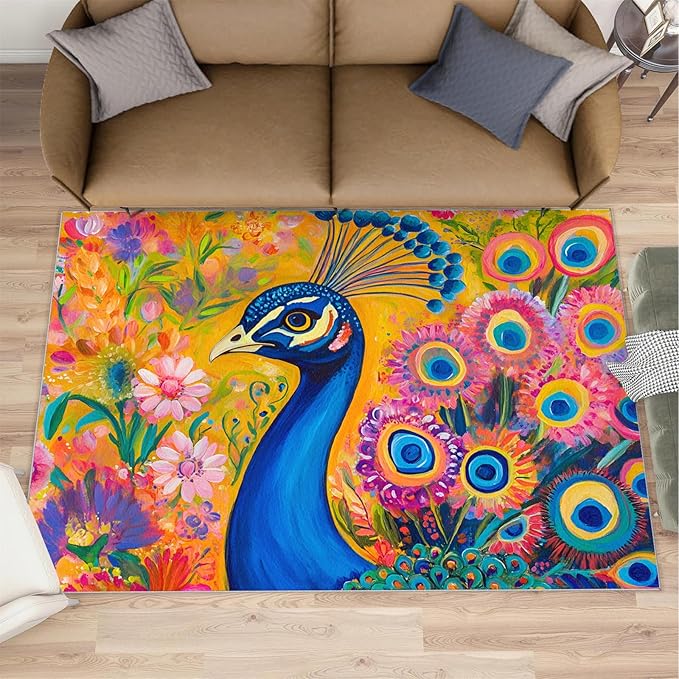 Peacock Rugs for Living Room - 2x3 Rug, Boho Floral Botanical Area Rugs for Bedroom, Wonderful Peacock Rug, Peafowl Washable Carpet, Floral Animal Carpet - Peafowl Home Decor & Gifts