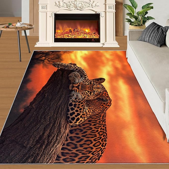 8x10 Sunrise Leopard Rugs for Living Room - Sunset African Savanna Large Area Rug, Wild Animal Modern Boy Nursery Rug Soft Washable for Classroom Office Bedroom Kids Room
