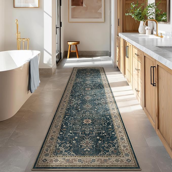Deep Blue Hallway 2x8 Runner Rug, Washable Non Slip Entryway Runner Indoor, 0.27 Low Pile Vintage Medallion Distressed Carpet Runners 8ft for Kitchen/Bedroom Bedside/Laundry Room/Bathroom