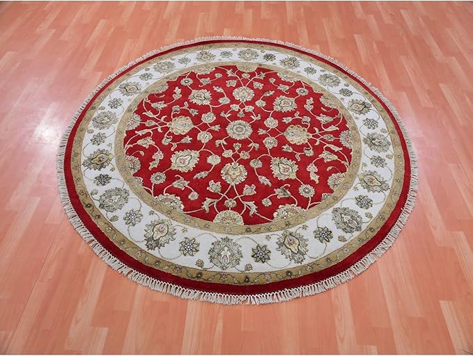 Exotic Red Hand Knotted All Over Leaf Pattern Wool and Silk Rajasthan Design Round Rug (6'x6')