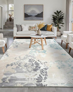 Washable Abstract Rug, 9x12 Ivory and Aqua Floral Area Rugs with Non-Slip Rubber Backed for Living Room, Low Pile Modern Throw Carpet Bedroom Dining Room Decor