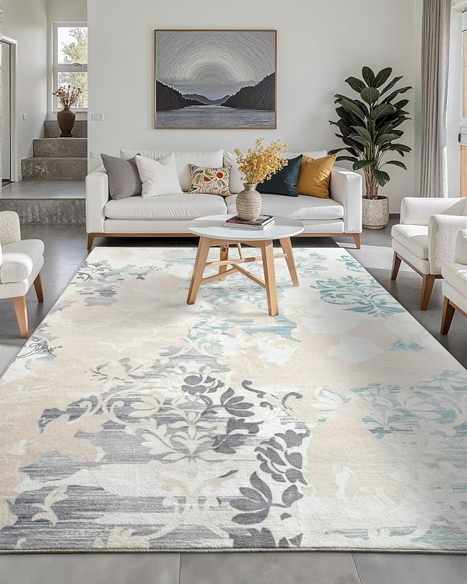Washable Abstract Rug, 9x12 Ivory and Aqua Floral Area Rugs with Non-Slip Rubber Backed for Living Room, Low Pile Modern Throw Carpet Bedroom Dining Room Decor