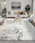 Washable Abstract Rug, 8x10 Ivory and Aqua Floral Area Rugs with Non-Slip Rubber Backed for Living Room, Low Pile Modern Throw Carpet Bedroom Dining Room Decor