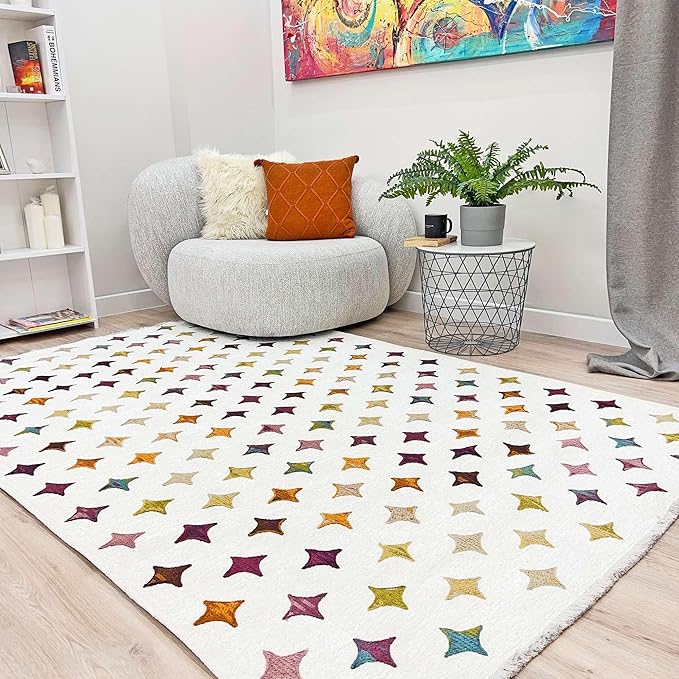 Alfa Rich 4x6 Moroccan White Area Rugs for Living Room Bedroom Decor Washable Cotton Pet Friendly