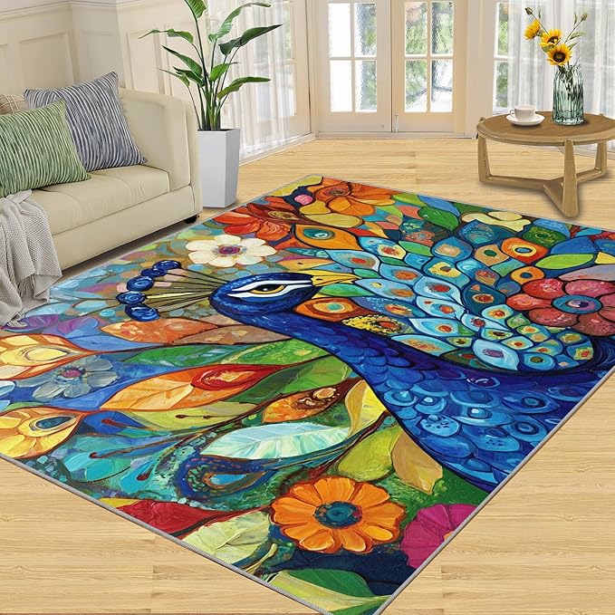 Boho Peacock Rug Large - 5x6 Rug, Colorful Peacock Washable Rugs for Living Room, Teal Turquoise Carpet, Modern Style Non-Slip Area Rugs for Bedroom, Aesthetics Carpet - Peafowl Home Decor & Gifts