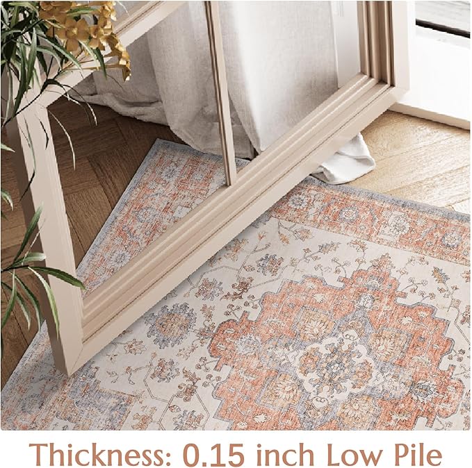 JINCHAN Area Rug 3x5 Vintage Washable Entryway Rug Floral Medallion Floor Cover Lightweight Non Slip Thin Retro Classic Soft Boho Farmhouse Carpet for Living Room Bedroom Dining Room Kitchen Brick Red