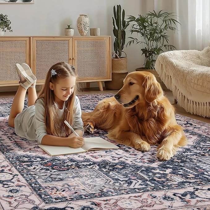 PURRUGS Vintage Farmhouse Boho Area Rug 5x7 ft, Non-Slip Machine Washable Rug, Accent Oriental Rug for Living Room, Dining Room, Bedroom, Entryway and Kitchen, Coral Red/Marine Blue