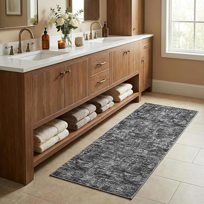 Garvee 2x6 Kitchen Rugs Non Slip Washable Bathroom Runner Rug, Non Shedding Low Pile Soft Area Rug Stain Resistant Foldable Minimalist Farmhouse Mats for Bedroom Entryway, Dark Grey