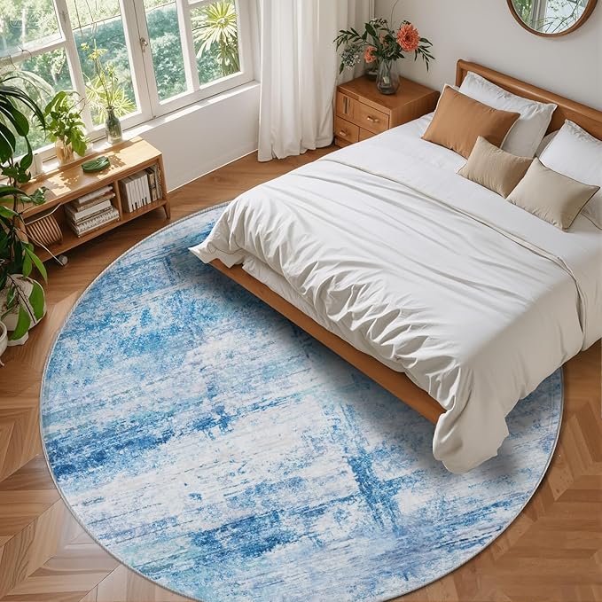 Round 8ft Area Rug Modern Abstract Washable Carpet for Living Room Bedroom Dining Room Home Office - Abstract Teal Grey