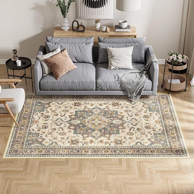 Dripex Vintage 5x7 Area Rugs -Large Washable Area Rug for Living Room Bedroom Oriental Medallion Floral Print Floor Carpet Low-Pile Indoor Soft Non-Slip Accent Rug Farmhouse Home Office Decor