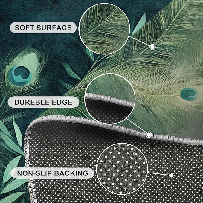 Peacock Feather Rugs for Living Room - 3x5 Rug, Peacock Decor Area Rugs for Bedroom, Teal Turquoise Rug, Plant Washable Carpet, Malachite Green Feather Carpet - Peafowl Home Decor & Gifts
