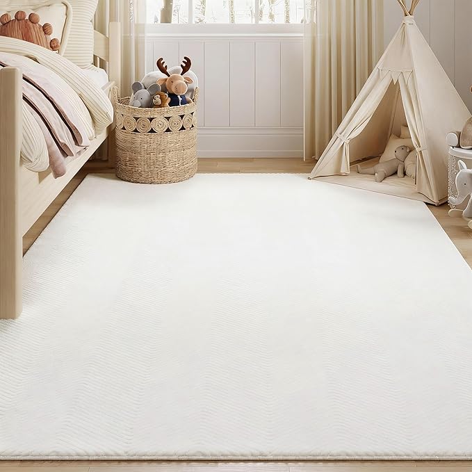 Area Rug for Living Room - 3x5 Soft Faux Rabbit Fur Modern Geometric Wave Carpet for Bedroom, Light Beige