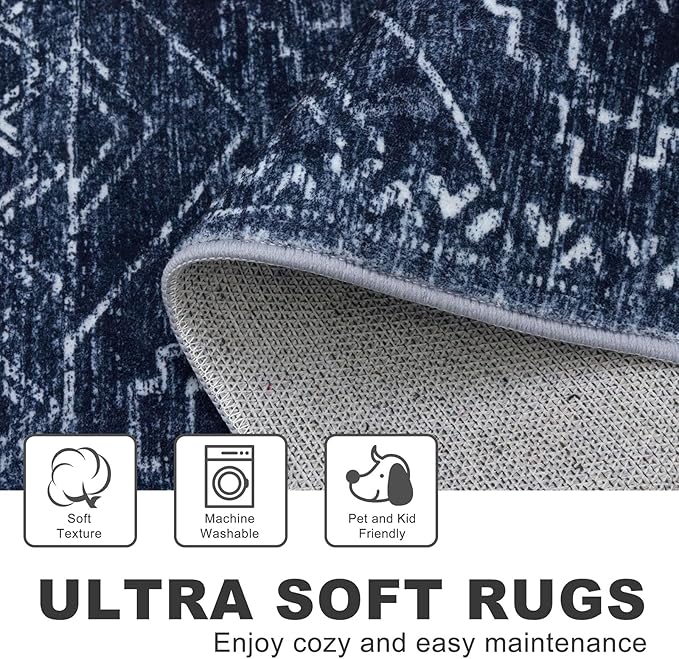 KILOCOCO Hallway Runner Rug 2x7 Runners for Hallways Washable Runner Rug Non Slip Rubber Backed Low-Pile Runners for Bedroom Kitchen Living Room Laundry Room Boho Rugs, Dark Blue