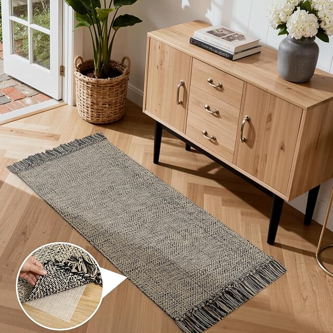 Collive Washable Kitchen Runner Rug, Modern Farmhouse Hand Woven Entryway Rugs Non Slip, Cotton Reversible Bathroom Carpet for Bedroom Hallway Foyer Back Door Decor, Natural/Black 2 x 4.3 ft