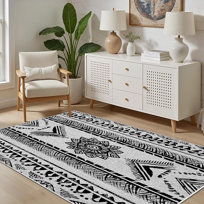 Area Rugs Moroccan for Living Room 8x10, Washable Non-Slip Boho Rug, Neutral Farmhouse Soft Carpet for Bedroom, Kitchen, Dining Room, Entryway, Geometric Print Tribal Carpets, Black and White