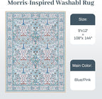 9x12 Area Rug Living Room Rug - Floral Vintage Forest Washable Carpet, Low Pile Non-Slip Stain Resistance Boho Soft Large Carpet for Bedroom, Dining Room Under Table, Farmhouse (9'x12' Blue/Pink)