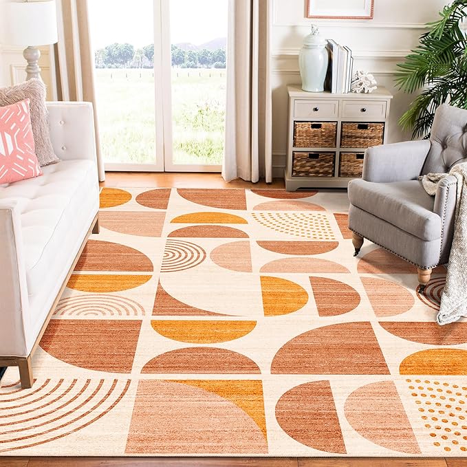 MUJOO Area Rug 6x9,Washable Rugs for Living Room Bedroom Dining Room,Large Boho Throw Floor Carpet Non Slip Soft Modern Abstract Bohemian Orange