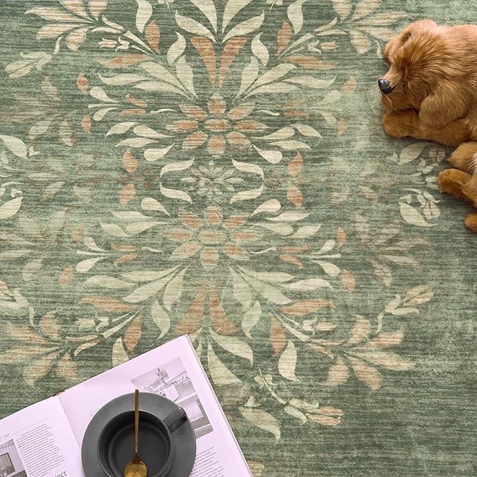 jinchan Round Rug 7ft Area Rugs,Vintage Floral Distressed Design Machine Washable Soft Non-Slip Low-Pile Ultra-Thin Circle Rug for Living Room Dining Room Bedroom Home Office (7' Round,Dark Green)