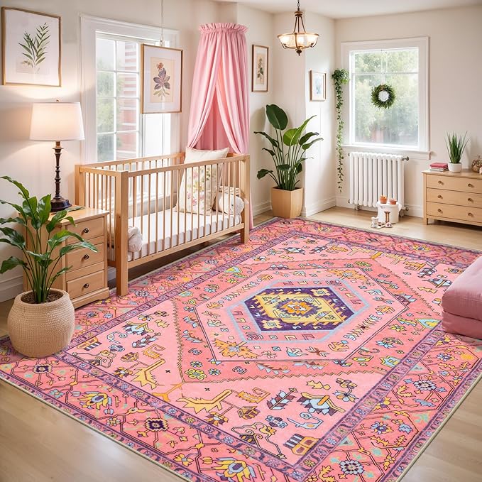 SERISSA Area Rugs 5X7 Nursery Rug for Baby Girl, Washable Non-Slip Boho Rug for Living Room, Ultra Soft Cute Fuchsia Pink Rugs for Bedroom Playroom Kids Room Dining Room Office Dorm Decor