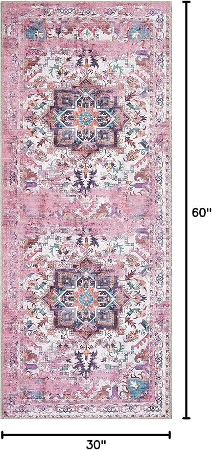 GLN Rugs Traditional Collection - Machine Washable Area Rug, Traditional Washable, Non Slip, Low Pile Chenille Rug, Living Room, Bedroom, Kitchen Rug (2'6" x 7' Pink/Multicolor)