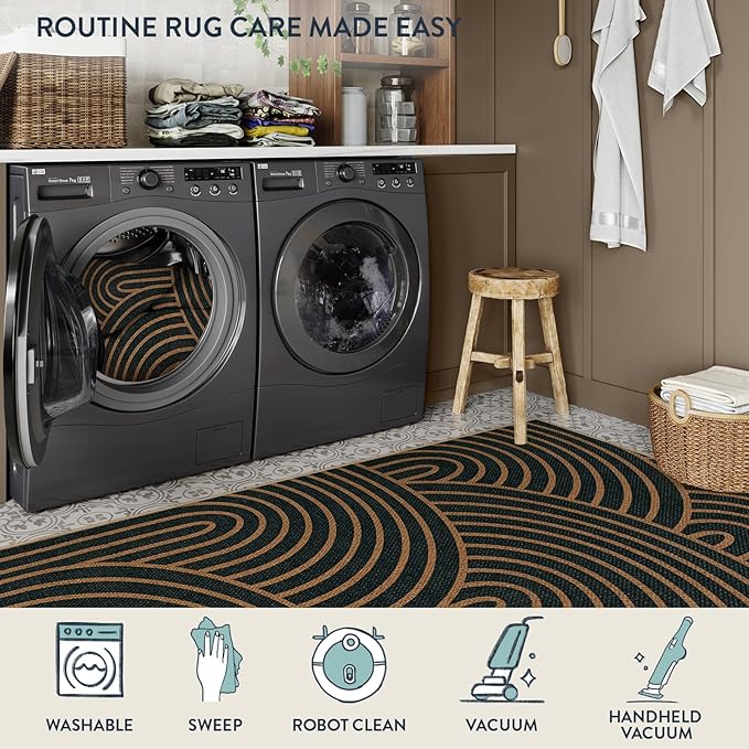 Lahome Modern Rainbow Easy Jute Carpet, Washable 5x7 Area Rugs for Living Room Black Farmhouse Dining Room Rug, Contemporary Natural Throw Mat Non Slip Floor Carpet for Office RV Patio