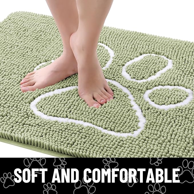 Smiry Dog Door Mat for Muddy Paws, Absorbent Dirt Trapper Non Slip Quick Dry Washable Chenille Mat for Mud Dogs, Entry Rug for Indoor and Outdoor (59x24 Inches, Sage Green and White)