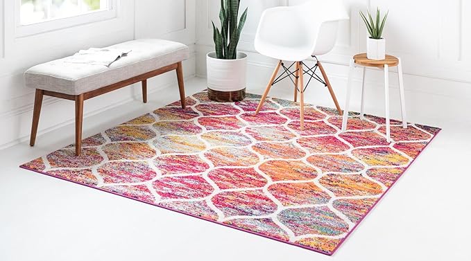Rugs.com Lattice Frieze Collection Rug – 4' Square Multi Medium Rug Perfect for Living Rooms, Kitchens, Entryways