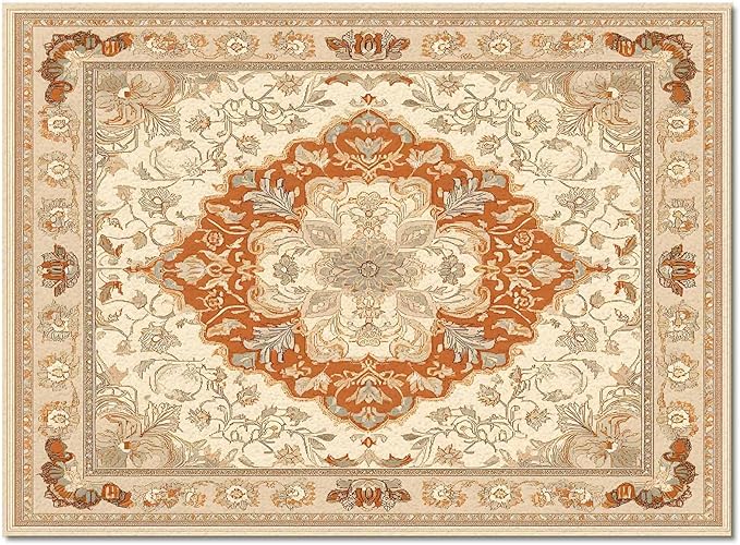 Orange Bohemian Rectangular Area Rugs for Living Room Bedroom 3 x 5 ft Vintage Farmhouse Floral Pattern Non-Shedding Soft Low Pile Rug Non Slip Washable Rug for Nursery Entryway Playroom