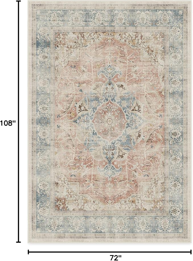 RUGGABLE Washable Vintage Area Rug – Sarrah Coral 6x9, Stain-Resistant, Non-Slip – Medium Machine Washable Rugs for Living Room, Bedroom, Hallway, Entryway & Office–with Standard Pad