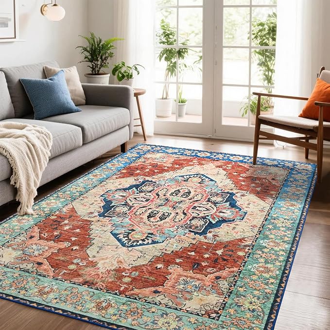 Area Rugs 6x9, Low Pile Washable Rugs, Soft Vintage Distressed Rugs for Living Room Bedroom, Office, Dining Room, Water Repellent & Non Shedding, Terracotta