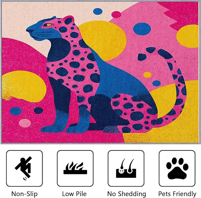 5x7 Rug Washable - Leopard Rugs for Living Room, Colorful Abstract Geometric Animal Pop Art Non Slip Low Pile Area Rugs for Bedroom, Leopard Carpet Home Decor & Gifts
