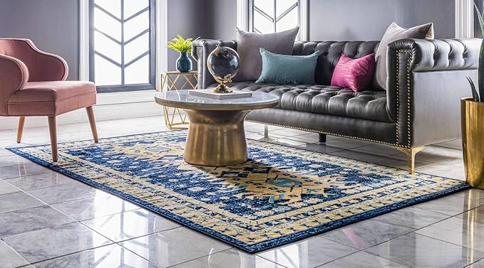 Unique Loom Taftan Collection Border Geometric Tribal Inspired Design Area Rug (8' 0 x 10' 0 Rectangular, Navy Blue/ Gold)