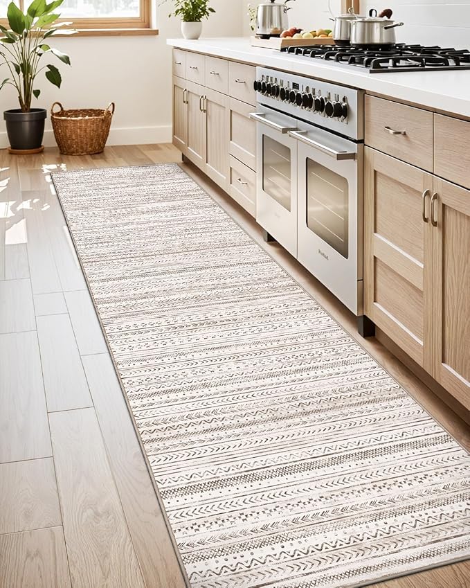 LUMI Washable Runner Rug, 3'x7' Non-Slip Hallway Mat, Low Profile Thin Long Carpeet for Laundry Kitchen Bedroom Office, White and Brown